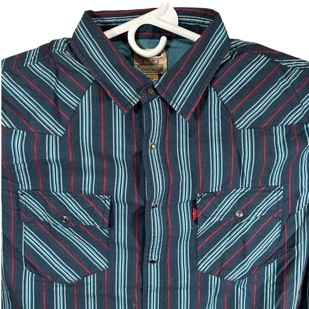 Levis Mens Short Sleeve Western Pearl Snap Striped Shirt Teal Red M Brand New
